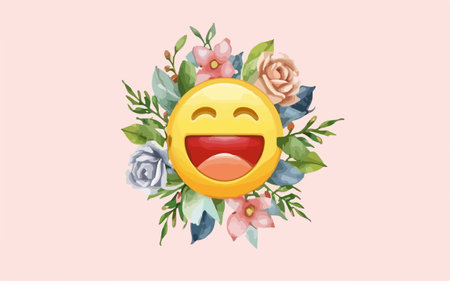 Smiling emoticon with flowers and leaves. Cute cartoon vector illustration.のイラスト素材