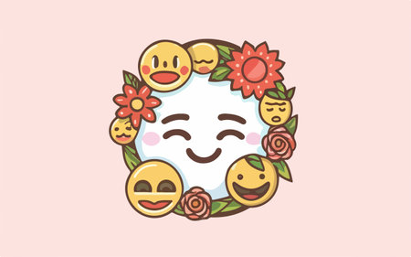 Cute kawaii cartoon face with flowers and smiley. Vector illustration.のイラスト素材