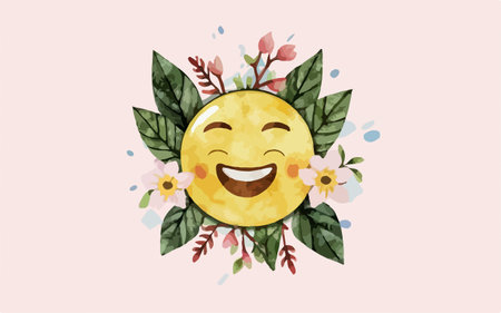 Vector illustration of a smiling sun with flowers and leaves on a pink backgroundのイラスト素材