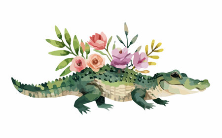 Crocodile with flowers. Vector illustration in watercolor style.のイラスト素材