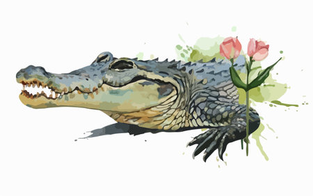 Crocodile with flowers on white background. Vector illustration.のイラスト素材