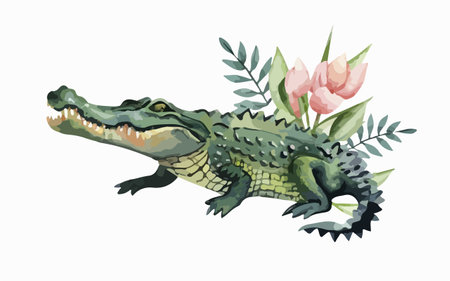 Crocodile with flowers and leaves isolated on white background. Vector illustration.のイラスト素材