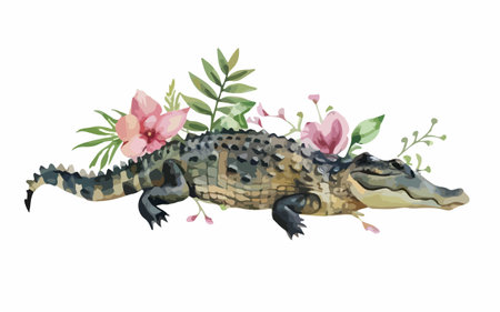 Crocodile with flowers isolated on white background. Watercolor illustrationのイラスト素材