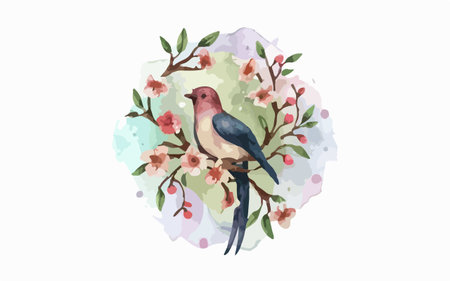 Watercolor bird and cherry blossom. Hand drawn vector illustration.のイラスト素材