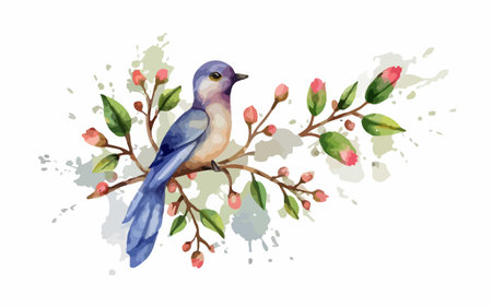 Watercolor bird on a branch with flowers and leaves. Vector illustration.のイラスト素材