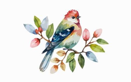 Watercolor bird on a branch with flowers. Hand-drawn illustration.のイラスト素材