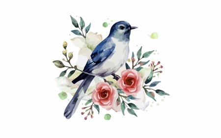 Beautiful vector watercolor hand drawn illustration of a bird with flowersのイラスト素材