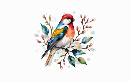 Watercolor illustration of a bullfinch on a branch with flowersのイラスト素材
