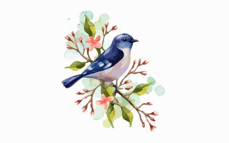 Watercolor illustration of a blue bird on a branch with flowers.のイラスト素材