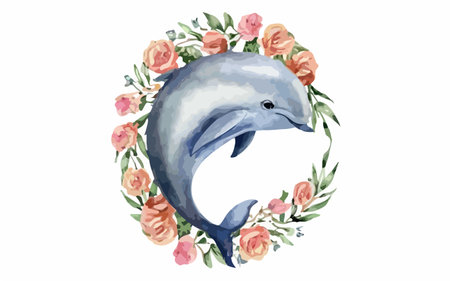 Illustration of a cute dolphin in a floral frame on a white backgroundのイラスト素材
