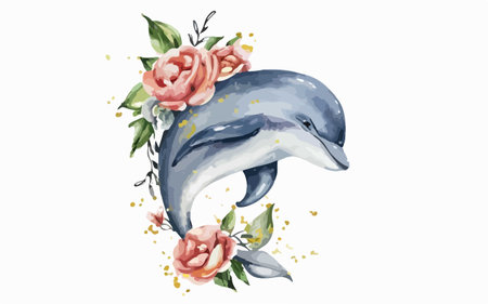 Watercolor illustration of a dolphin with flowers and leaves on a white backgroundのイラスト素材