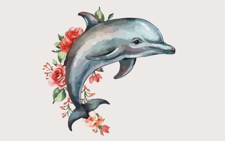 Vector illustration of a cute dolphin with flowers in the watercolor styleのイラスト素材