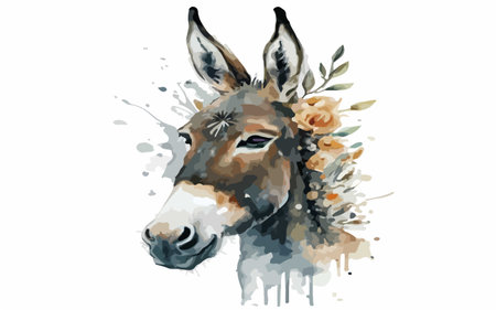 Watercolor portrait of a donkey with flowers. Hand drawn vector illustration.のイラスト素材