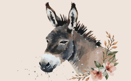 Watercolor illustration of a donkey head with flowers and leaves on a beige backgroundのイラスト素材