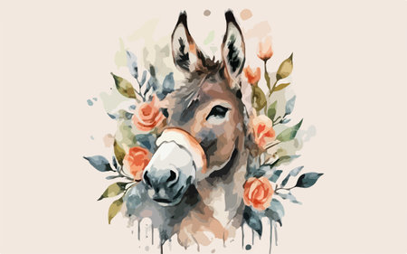 Hand drawn watercolor portrait of a donkey with flowers. Vector illustration.のイラスト素材