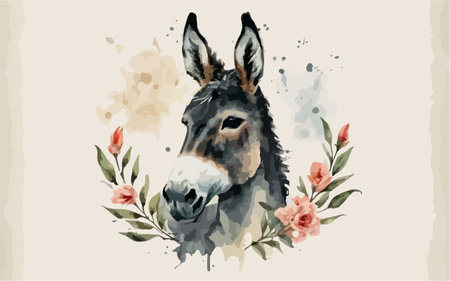 Hand drawn watercolor portrait of donkeys with flowers. Vector illustration.のイラスト素材