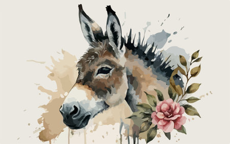 Watercolor illustration of a donkey with flowers and splashes on a light backgroundのイラスト素材