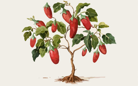 Illustration of a hot chili pepper tree with ripening fruits.のイラスト素材
