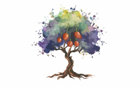 Hand drawn watercolor tree with fruits. Vector illustration isolated on white background.のイラスト素材