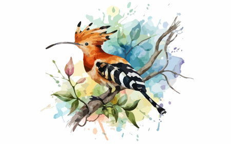 Watercolor illustration of a hoopoe bird on a branch with flowersのイラスト素材