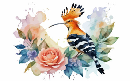 Watercolor illustration of a hoopoe with flowers and leaves on a white backgroundのイラスト素材