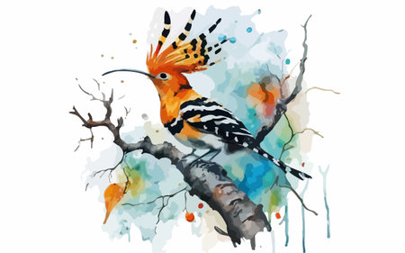 Eurasian Hoopoe bird on a branch. Watercolor illustrationのイラスト素材