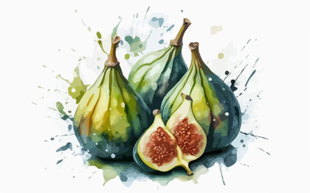 Illustration of fresh figs with watercolor splashes on white backgroundのイラスト素材