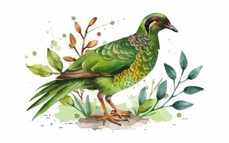 Green Pigeon. Watercolor hand drawn illustration isolated on white backgroundのイラスト素材