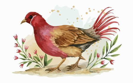 Illustration of a red rooster on a white background with flowersのイラスト素材