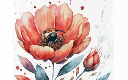 Hand drawn watercolor illustration of a red peony with a beeのイラスト素材
