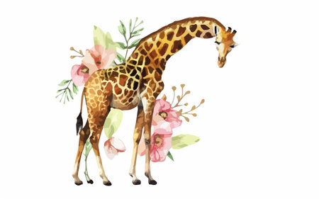 Watercolor giraffe with flowers. Hand drawn vector illustration isolated on white background.のイラスト素材