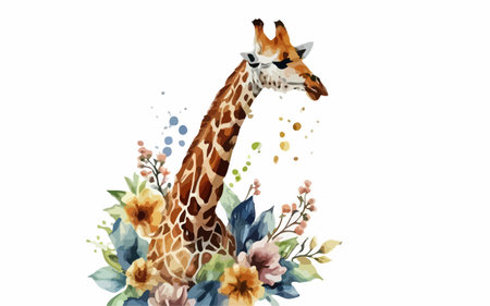 Watercolor giraffe and flowers. Hand drawn illustration isolated on white background.のイラスト素材