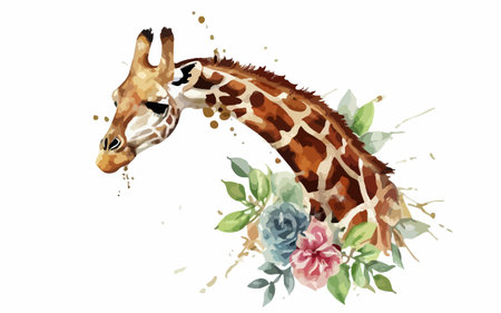 Giraffe with flowers watercolor vector illustration. Hand drawn giraffe with flowers.のイラスト素材