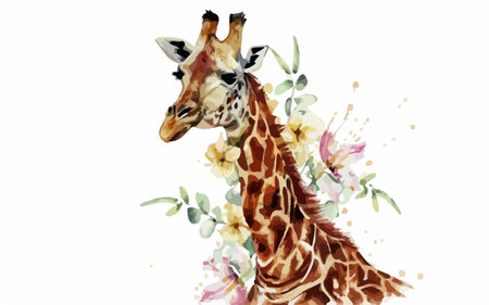 Watercolor giraffe with flowers. Hand painted illustration isolated on white background.のイラスト素材