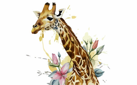 Watercolor giraffe with flowers. Hand drawn illustration. Vector.のイラスト素材