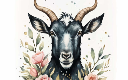 Watercolor portrait of goat with flowers on white background. Hand drawn illustrationのイラスト素材