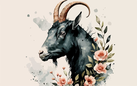 Hand drawn vector illustration of a goat with flowers and leaves in watercolor style.のイラスト素材