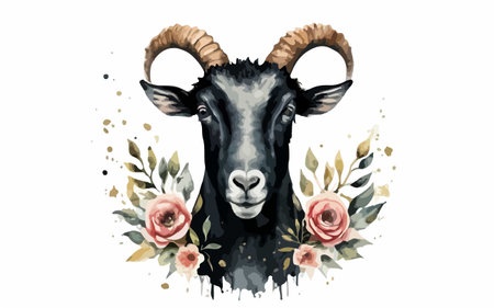 Watercolor portrait of a black goat with horns, flowers and leaves.のイラスト素材