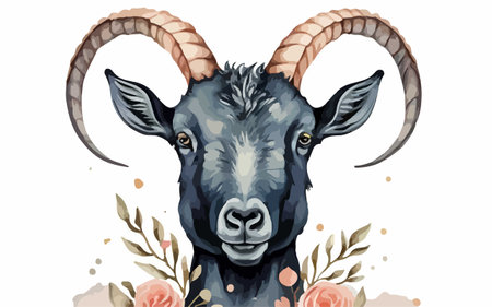 Goat head with horns and flowers. Hand drawn vector illustration.のイラスト素材