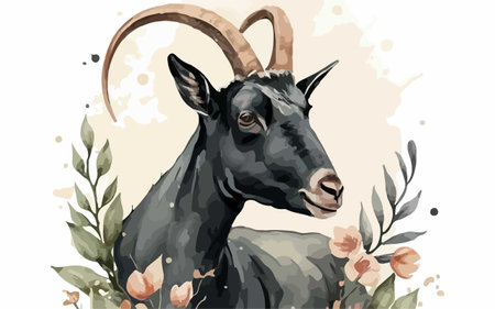 Black goat with flowers. Hand drawn vector illustration in watercolor style.のイラスト素材
