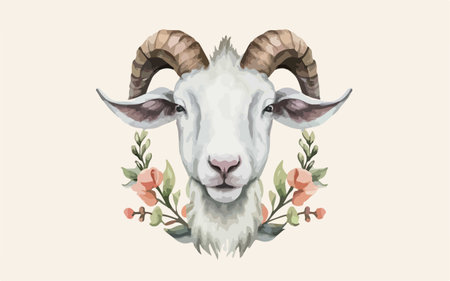 Hand drawn portrait of a goat with flowers and leaves. Vector illustration.のイラスト素材