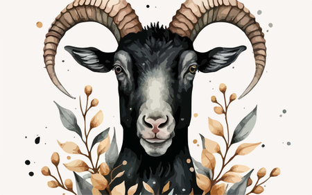 Hand drawn vector illustration of a goat on a background of leaves.のイラスト素材