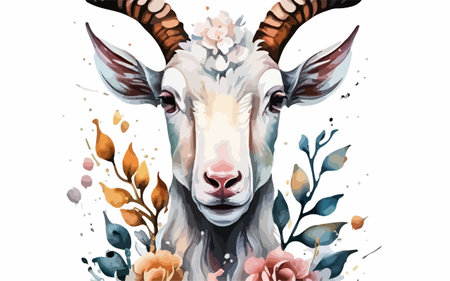 Watercolor portrait of a goat with flowers and leaves. Vector illustration.のイラスト素材