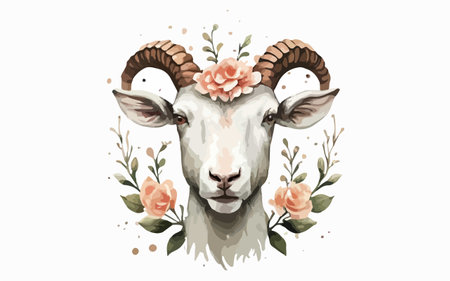 Watercolor portrait of goat with flowers and leaves. Vector illustration.のイラスト素材