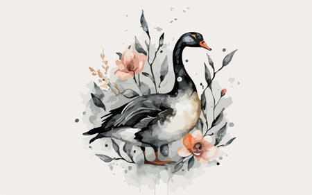 Watercolor illustration of a goose on a white background with flowers.のイラスト素材