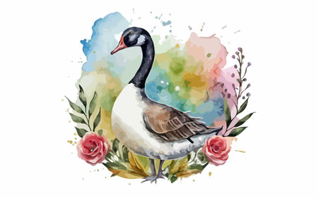 Watercolor vector illustration of a goose with a bouquet of rosesのイラスト素材