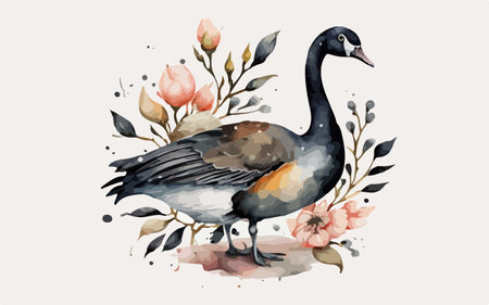 Watercolor illustration of a goose with a bouquet of flowers.のイラスト素材