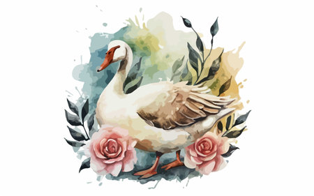 Watercolor vector illustration of a goose with flowers and leaves on a white backgroundのイラスト素材