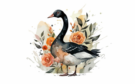 Watercolor hand drawn illustration of a goose with flowers and leaves.のイラスト素材