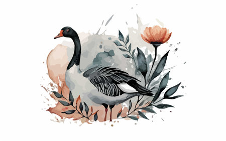 Watercolor illustration of a goose and flowers. Hand-drawn illustration.のイラスト素材